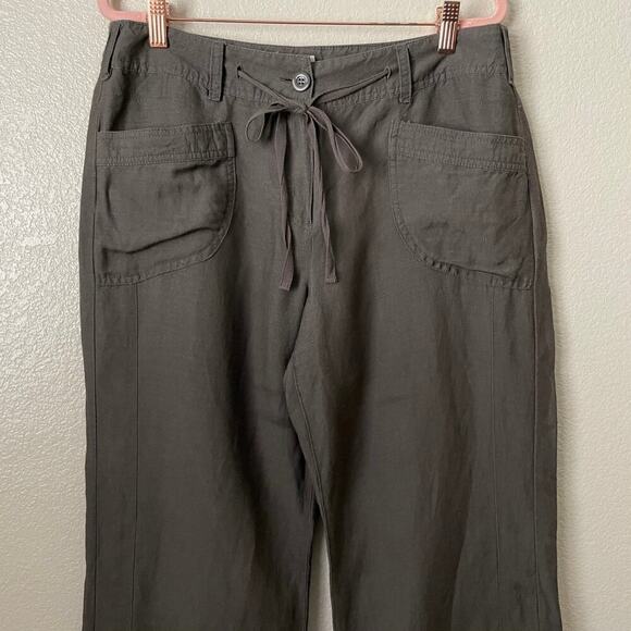 Sandro Pants Womens Size 12 Petite Brown Linen Blend Straight Leg Drawstring - Picture 4 of 11